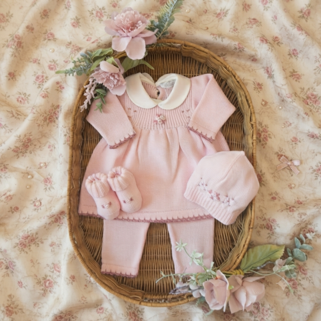 Set nascita neonata 3pz in pura lana con punto smock e roselline rosa | Invernale | 4717 | PD
