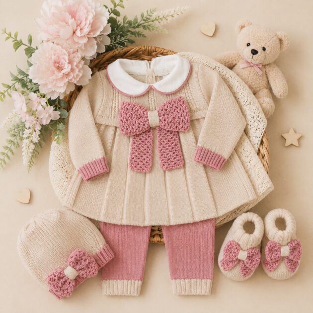 Set nascita neonata 3pz in pura lana con beige con fiocco rosa antico | AI | 4718 | PD