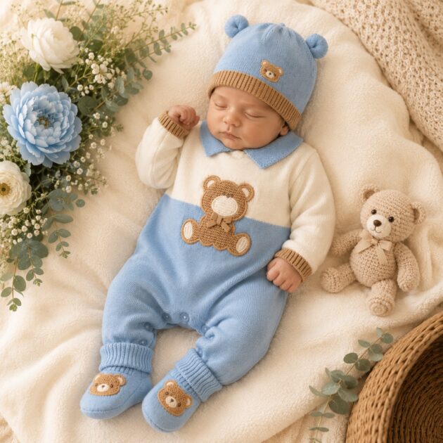 Set Nascita Orsetto Azzurro – Tutina, Cappellino e Babbucce in Maglia | 80% Caldo Cotone, 20% Lana | 3H675 | MB