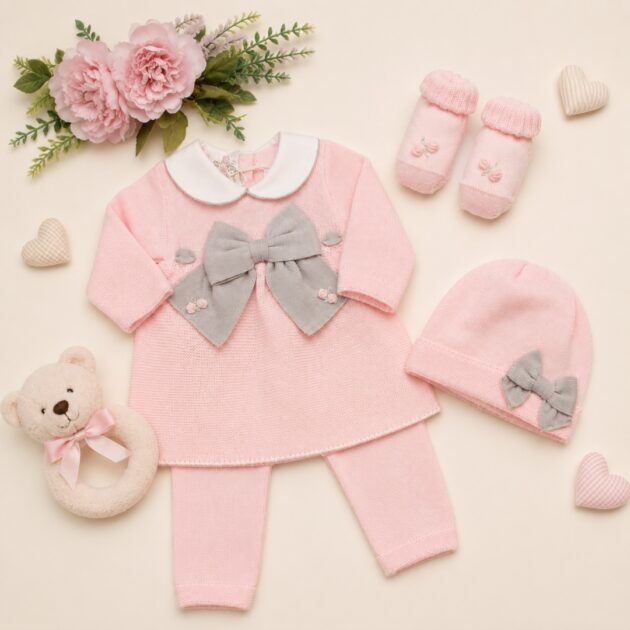 Set nascita neonata in lana con fiocco rosa e tortora | 3pz | 401.1 | BL