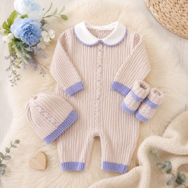 Set nascita neonato 3pz in pura lana con beige e celeste trecce | AI | 4797 | PD