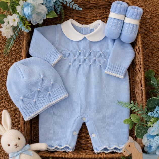 Set nascita neonato 3pz in pura lana con punto smock celeste | AI | 4716 | PD