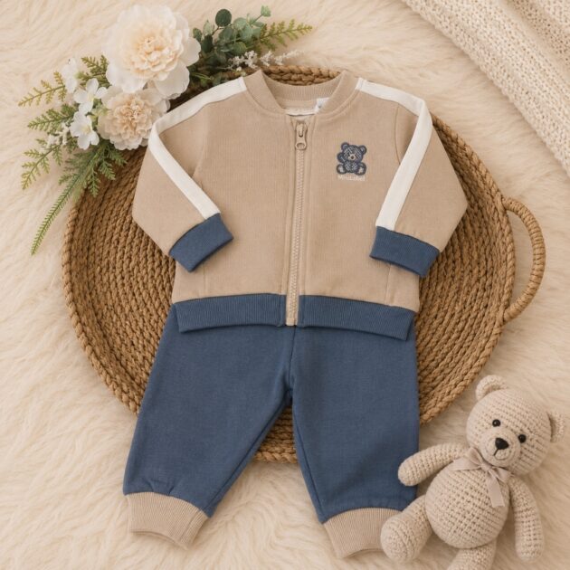Completo Neonato Sport Chic Beige e Azzurro con Orsetto  | AI | 3H659 | MB