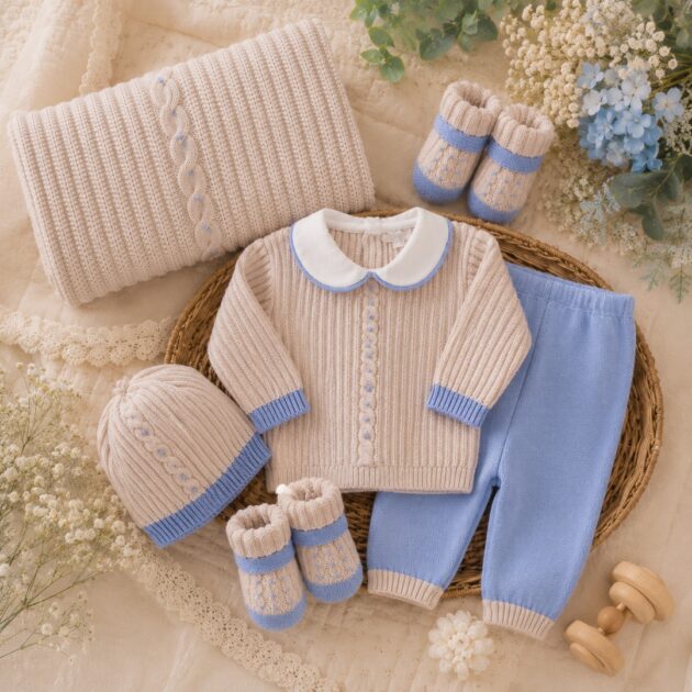 Set nascita neonato in pura lana con beige e celeste trecce | AI | 4797.2 | PD