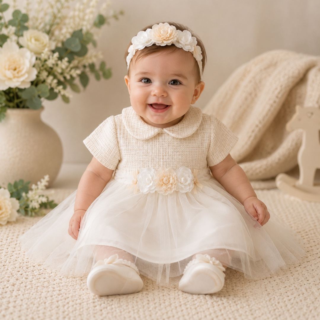 Abito Cerimonia Neonata Avorio con Tulle e Cardigan Coordinato | 3H721 | MB