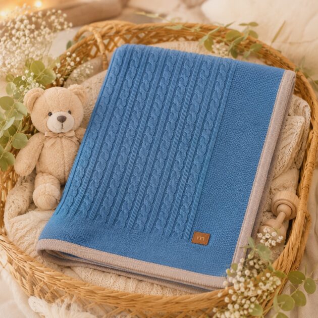 Copertina Neonato in Maglia Azzurro Polvere e Beige | AI | 3H303 | MB