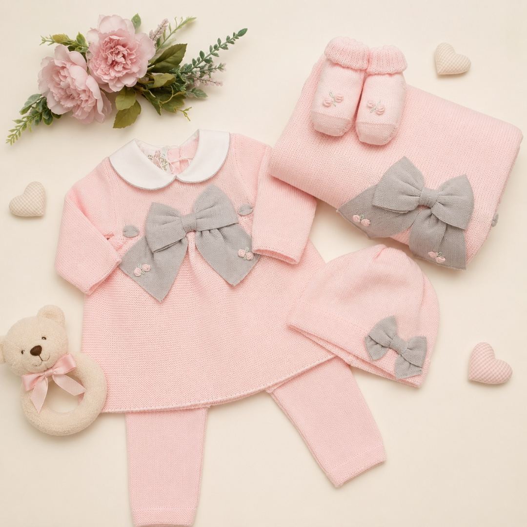 Set nascita neonata in lana con fiocco rosa e tortora | 4Pz | 401.1 | BL