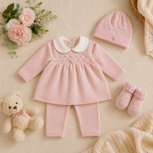 Coordinato Nascita neonata in lana Rosa con nido d’ape e roselline 3pz | 410.1 | AI | BL