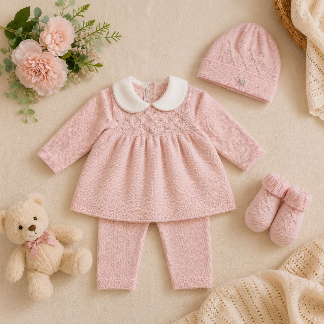 Coordinato Nascita neonata in lana Rosa con nido d’ape e roselline 3pz | 410.1 | AI | BL