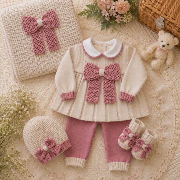 Set nascita neonata in pura lana con beige con fiocco rosa antico | AI | 4718.2 | PD