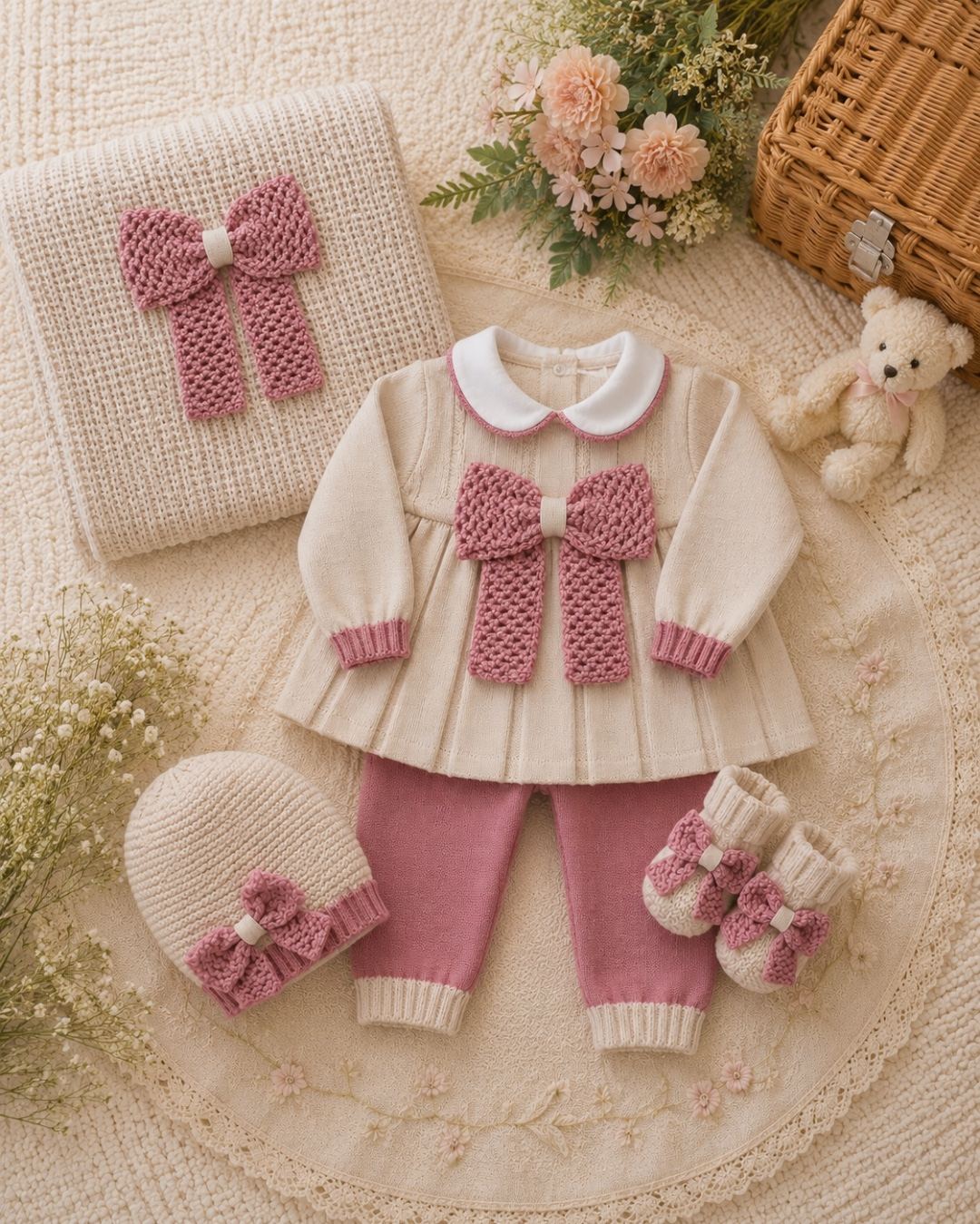 Set nascita neonata in pura lana con beige con fiocco rosa antico | AI | 4718.2 | PD