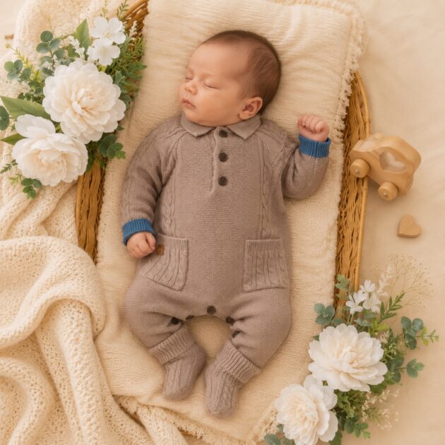 Tutina Neonato in Maglia Beige e Azzurro con babbucce | AI | 3H669 | MB
