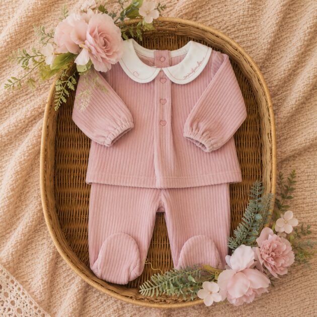 Completo Neonato Rosa in Velluto a Costine con Colletto Ricamato | AI | 3H782 | MB