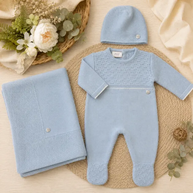 Set nascita neonato caldo cotone celeste, cappellino e coperta | AI | 005-123775 | PZ