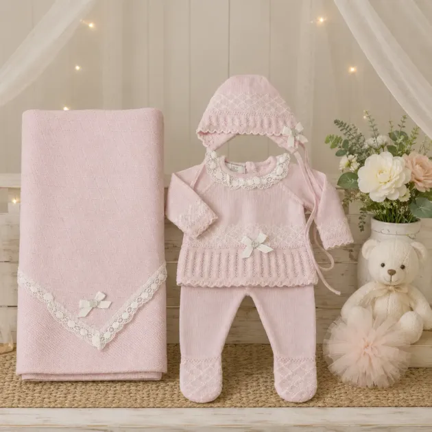Set nascita neonata rosa con merletto, cuffietta e coperta | AI | 103-114009 | PZ