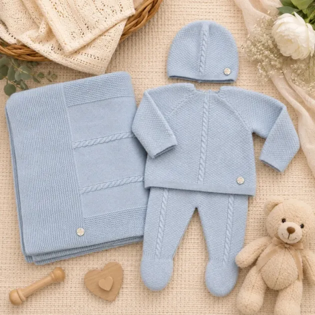Set nascita neonato celeste polvere con cappellino e coperta | AI | 103-114052 | PZ