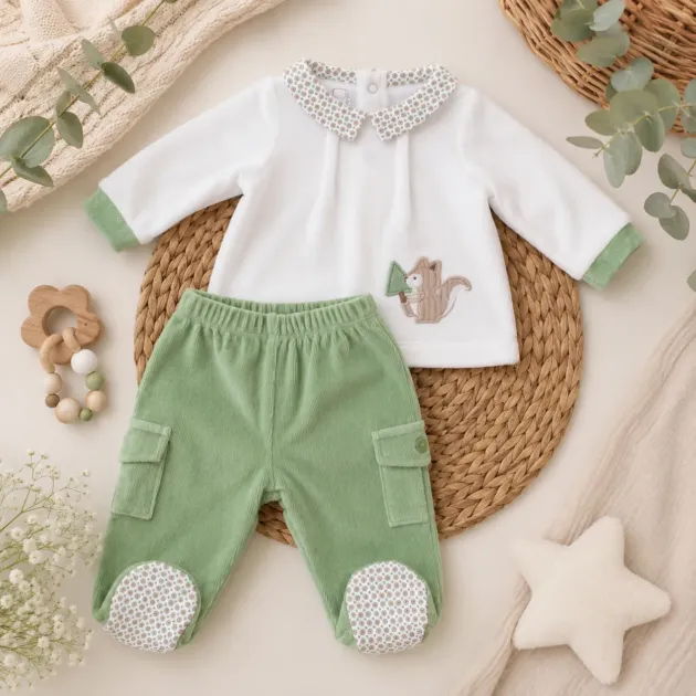 Tutina neonato in ciniglia verde scoiattolo | 3H677 | MB
