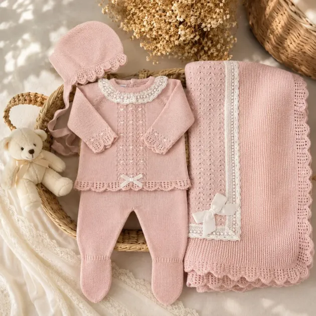 Set nascita neonata rosa cipria con merletto e copertina | AI | 0214 | MI