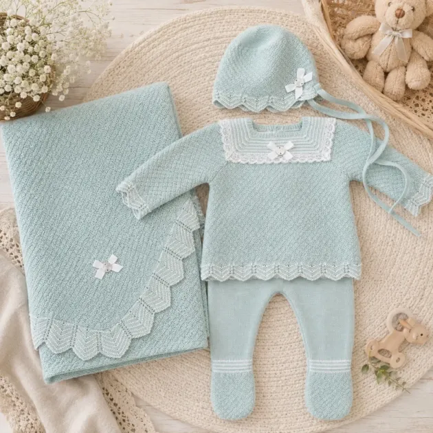 Set nascita neonata verde con cuffietta e copertina | AI | 103-114129 | PZ
