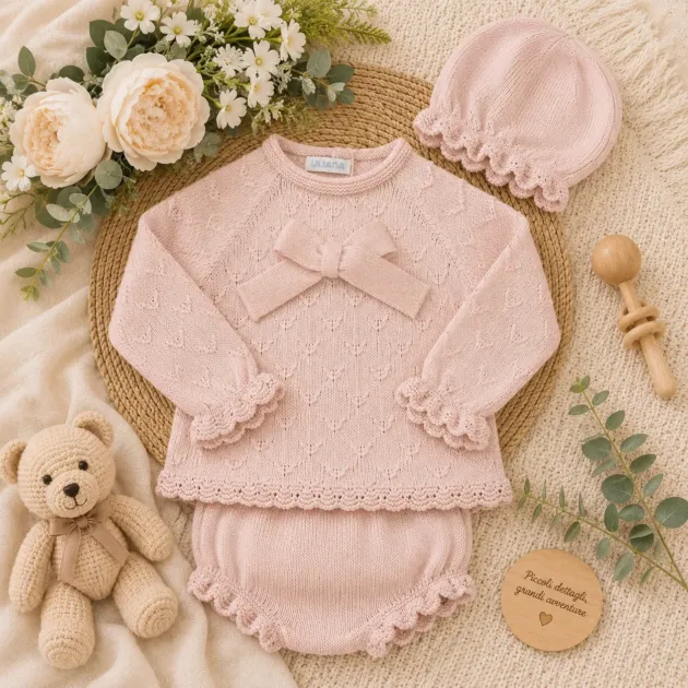Completo neonata rosa cipria con coulotte e cuffietta | AI | 26580 | JL