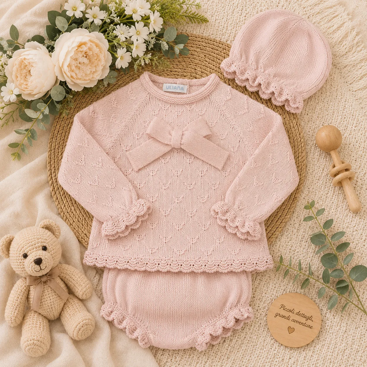 Completo neonata rosa cipria con coulotte e cuffietta | AI | 26580 | JL