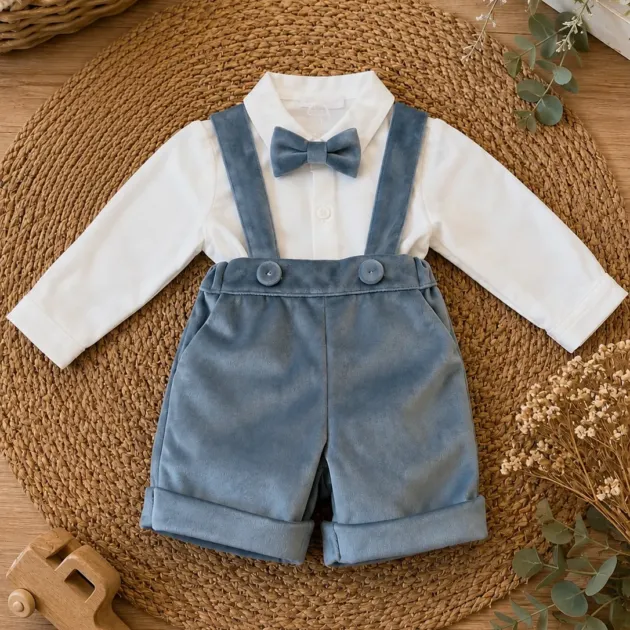 Completo battesimo bimbo in velluto celeste polvere | CD9470 | AI | TT