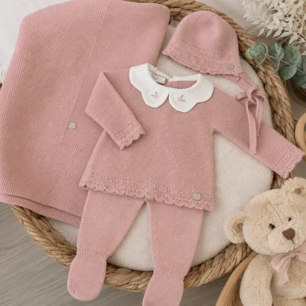 Set nascita neonata rosa antico con ricamo, cuffietta e coperta | 103L-114149 | PZ