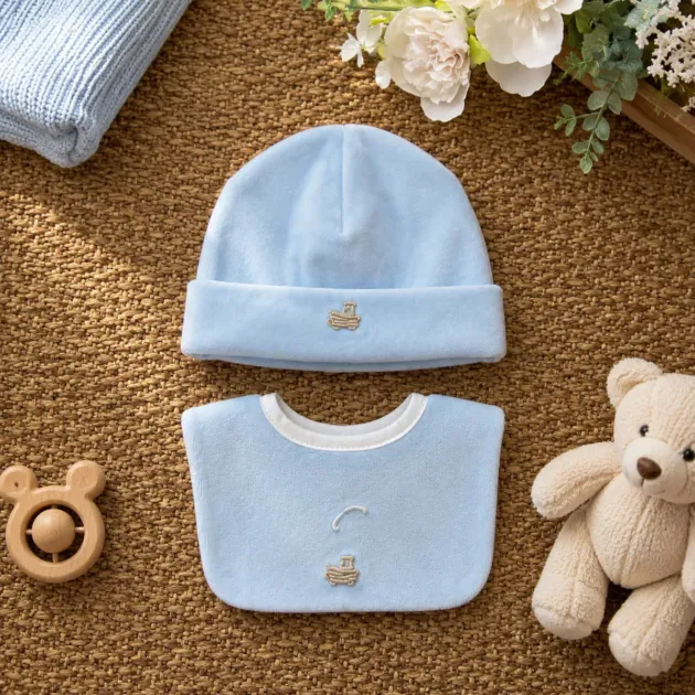 Bavetta + cappello ciniglia celeste | AI | B103 04 | BM