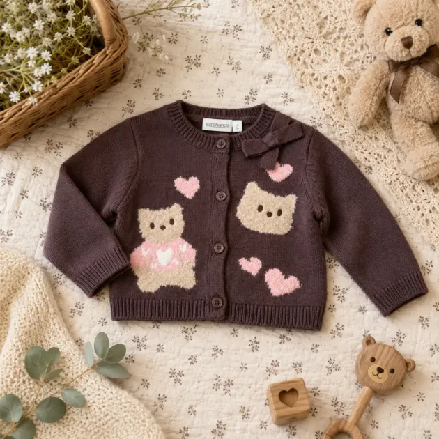Cardigan bimba marrone e rosa gatti | 0H327 | SB