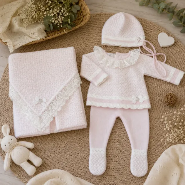 Set nascita neonata rosa con merletto, cuffietta e coperta | AI | 103-114210 | PZ