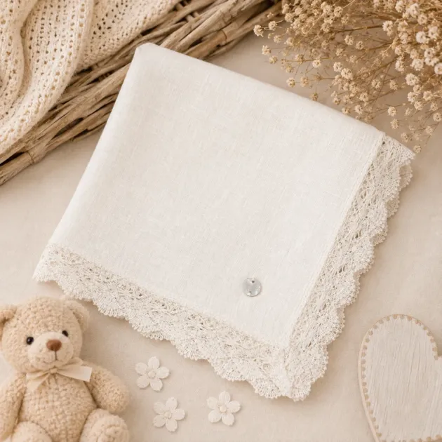 Fazzoletto battesimo in lino con merletto | 080-153696 | PZ