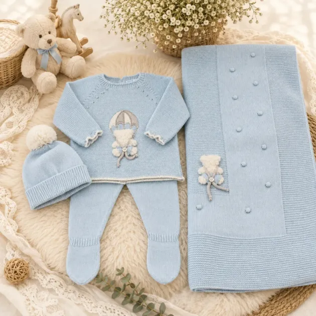Set nascita neonato celeste con mongolfiera e orsetto con copertina | AI | 0212 | MI
