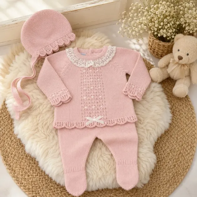 Set nascita neonata rosa cipria con merletto  | AI | 0214 | MI