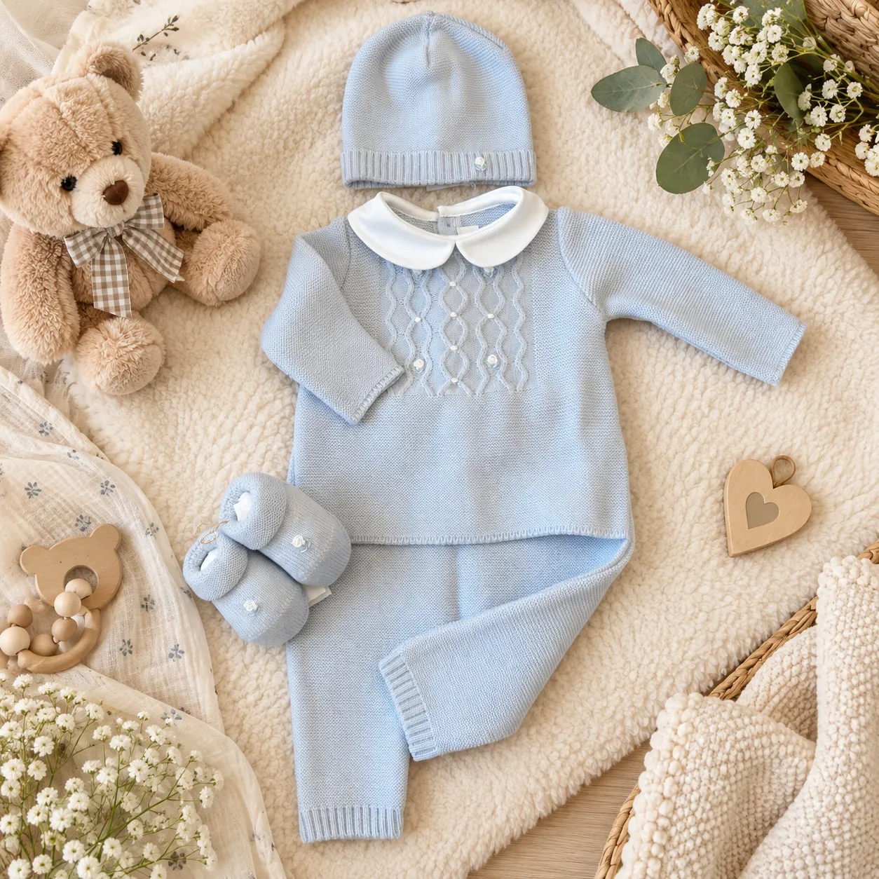 Coordinato nascita neonato pura lana celeste con roselline 4Pz | 7730110R1Q2 | PPC - immagine 2