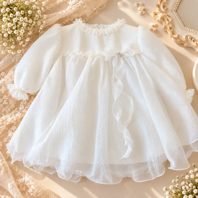 Abito battesimo neonata bianco elegante con fiocco