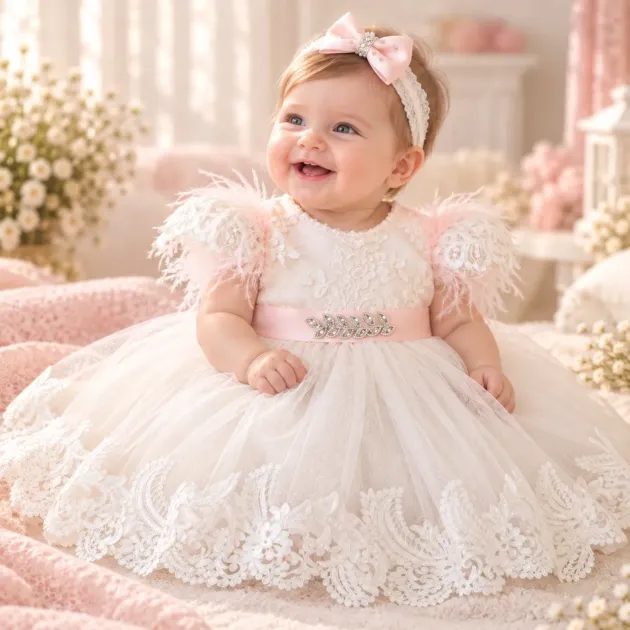 Abito battesimo bimba elegante in pizzo e tulle rosa