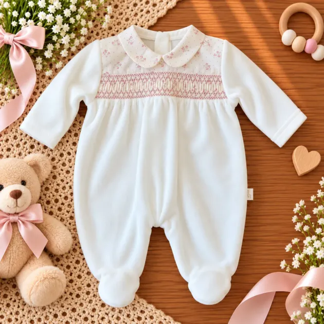Tutina ciniglia neonata panna con punto Smock