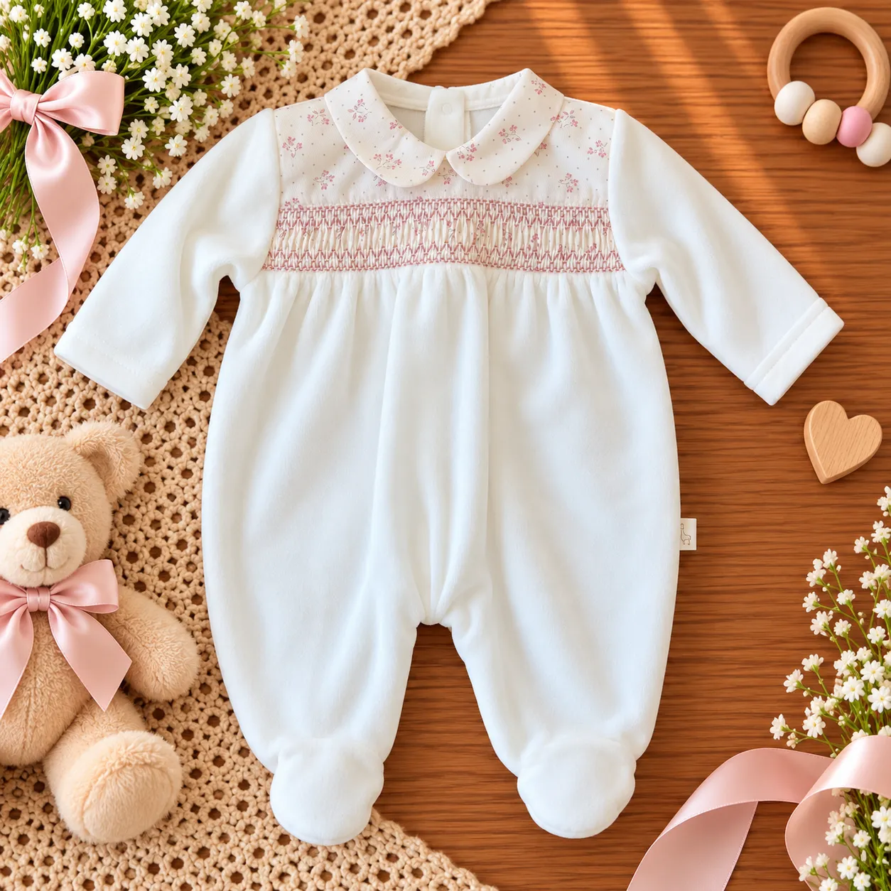 Tutina ciniglia neonata panna con punto Smock