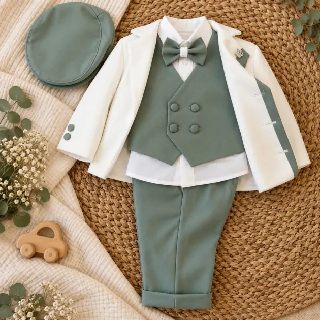 Completo cerimonia bambino verde salvia con giacca e gilet