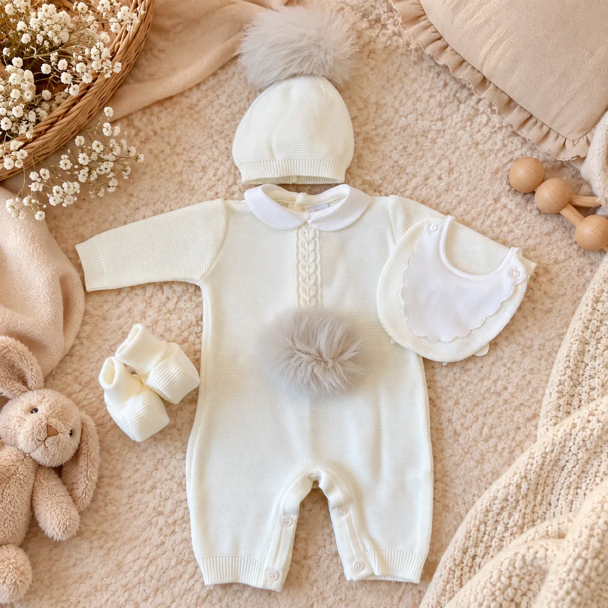 Tutina neonato in misto lana panna con pompon e accessori coordinati