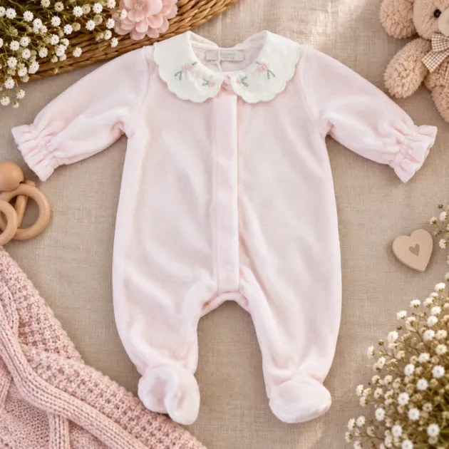 Tutina ciniglia neonata rosa con ricamo | 64002 | CC
