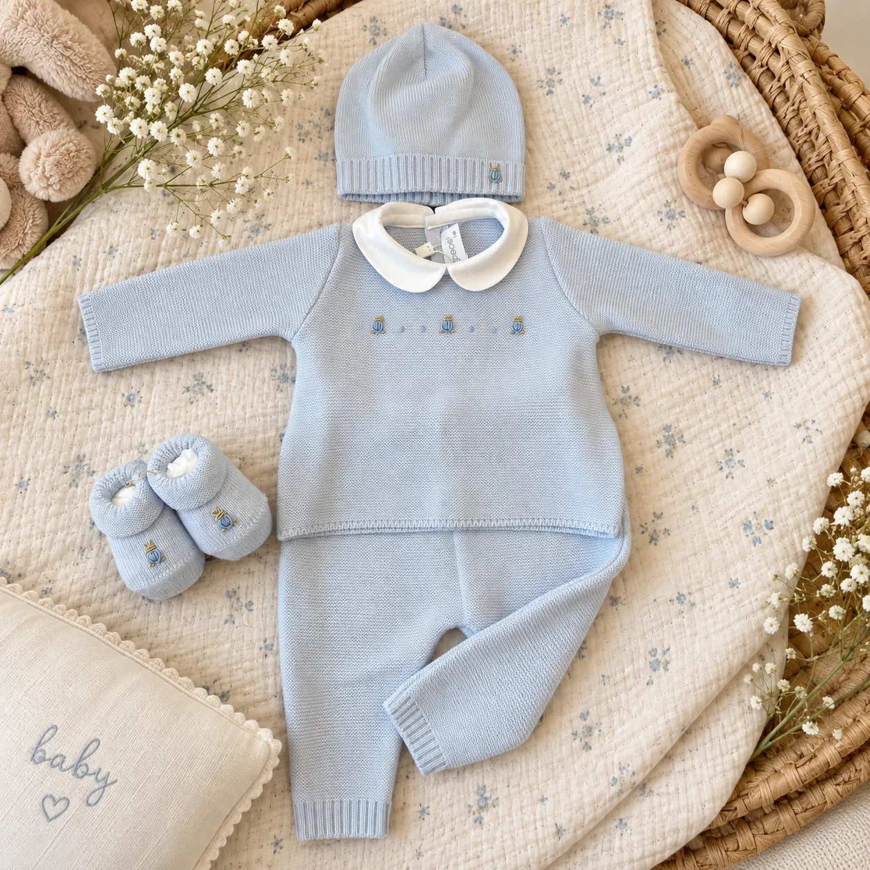 Coordinato nascita neonato pura lana celeste con coniglietti 4Pz | 7720110R4G3 | PPC - immagine 2