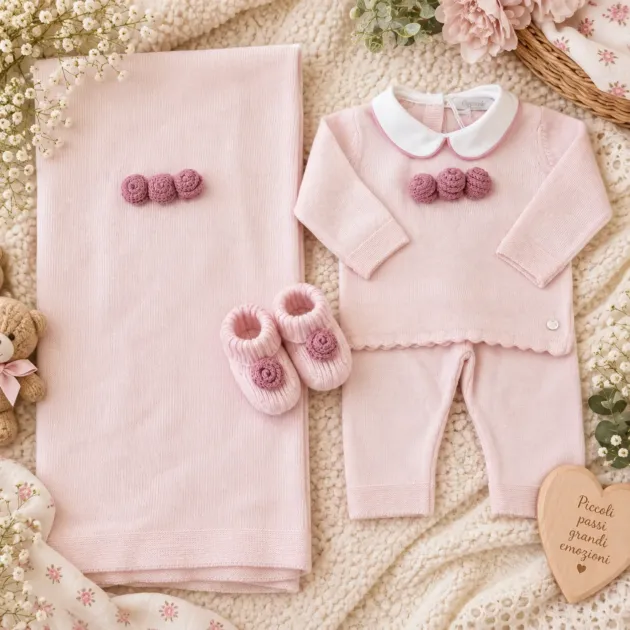 Completo nascita neonata rosa con roselline 4Pz | 64656 | CC