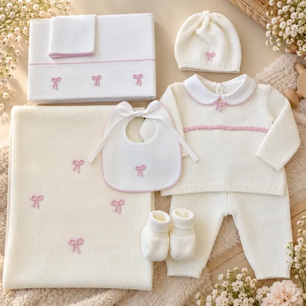 Coordinato nascita neonata 100% lana panna e rosa con fiocchi ricamati a mano