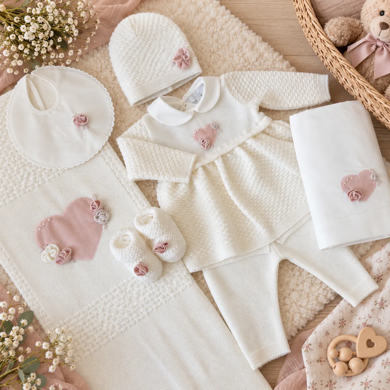 Coordinato nascita neonata pura lana rosa con cuore 6pz | 4713 |PD