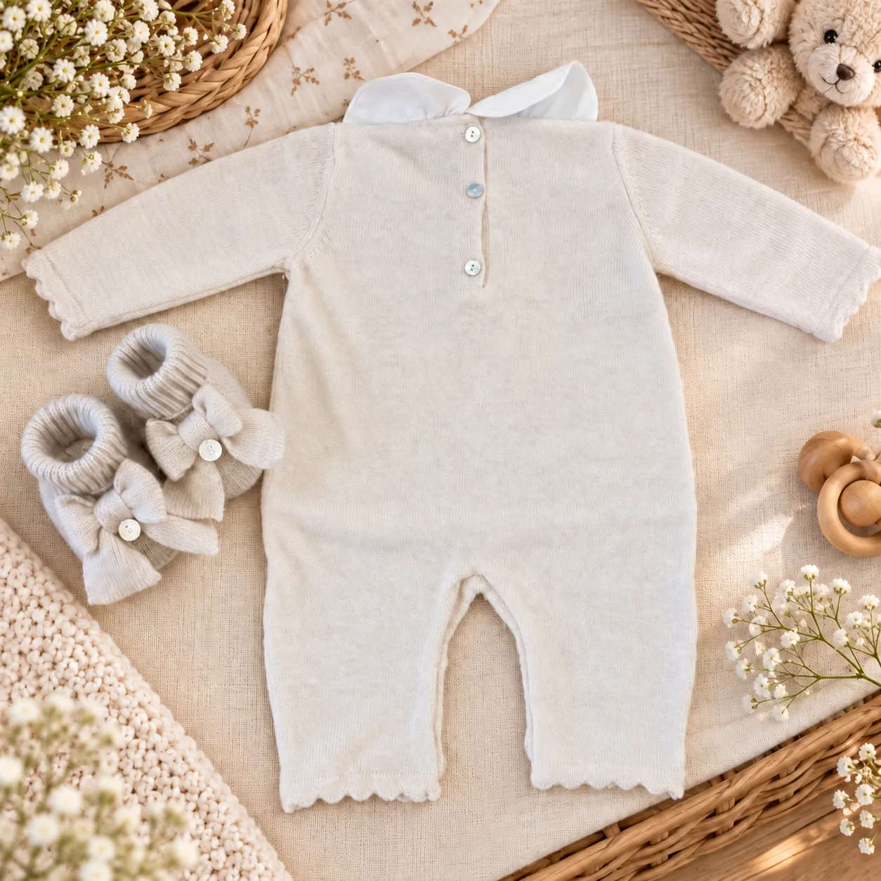 Coordinato nascita neonata beige con babbucce | Misto lan | 64686 | CC - immagine 2