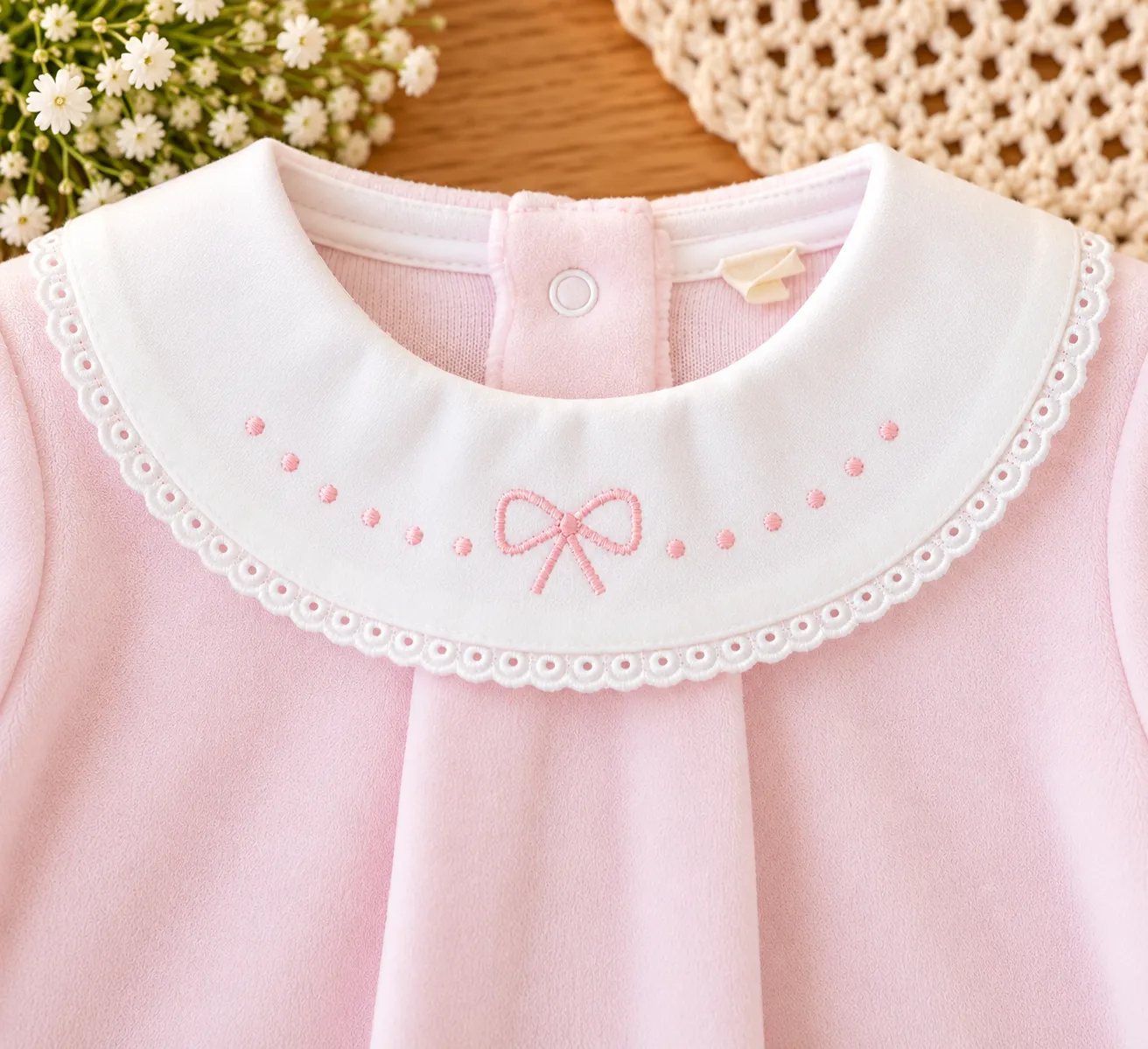 Dettaglio colletto bianco con pizzo e ricamo fiocco rosa della tutina neonata in ciniglia