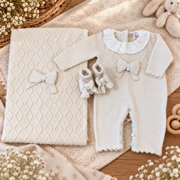 Coordinato nascita neonata beige 3Pz | Misto lana | 64686 | CC