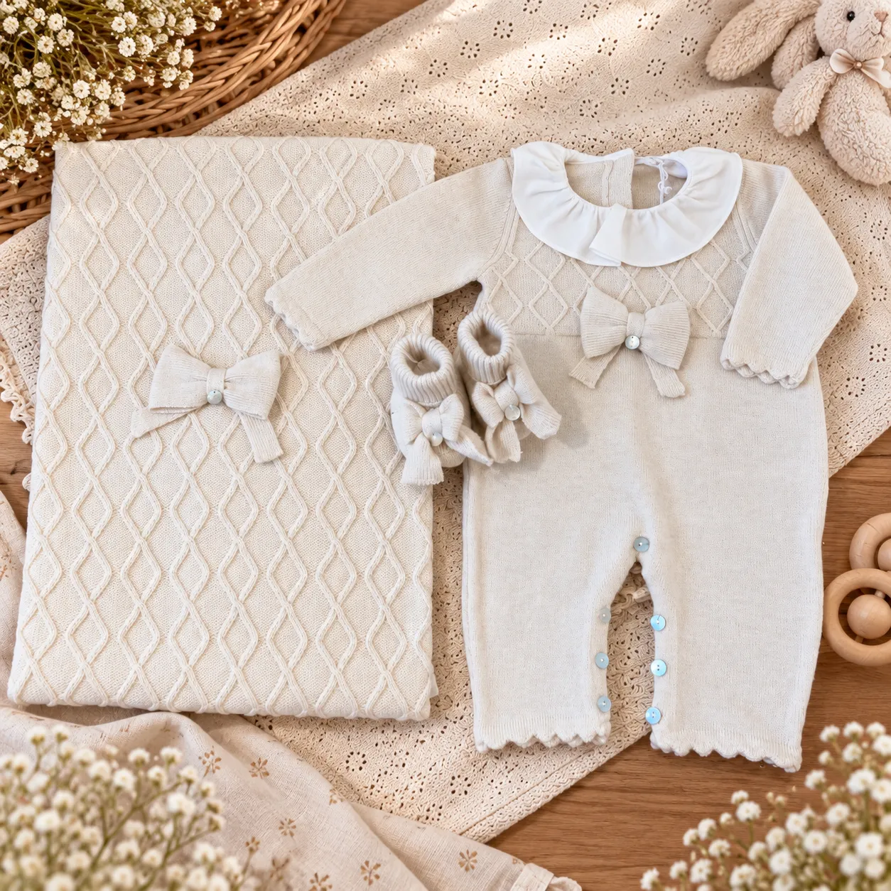 Coordinato nascita neonata beige 3Pz | Misto lana | 64686 | CC