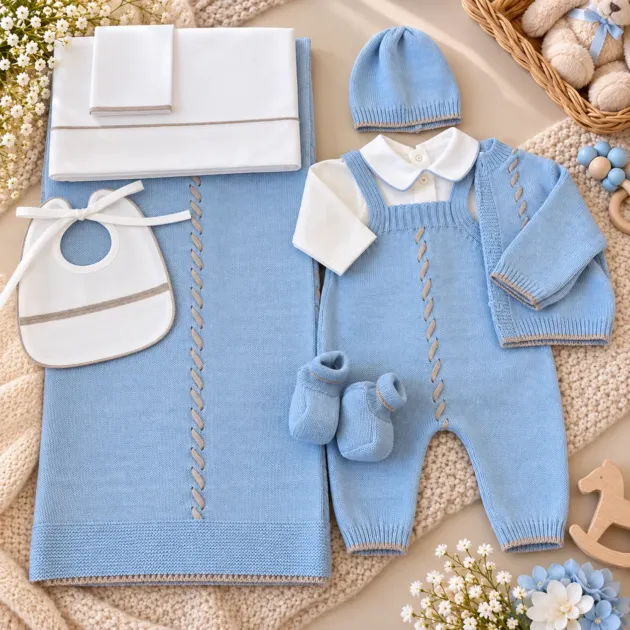 Coordinato nascita neonato celeste in lana con coperta